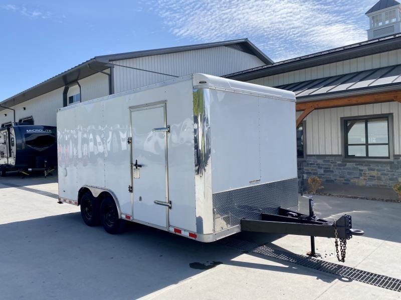 USED 2020 Bravo Trailers 8.5x16 Enclosed Car Hauler 9990 GVW RAMP DOOR 66 INTERIOR WHITE SIDE DOOR ADJUSTABLE COUPLER TRIPLE TUBE TONGUE REAR STAB JACKS 68xESOmoakg9 3